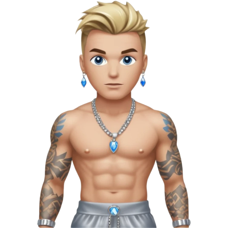 Vanilla Ice with blue eyes, dark blonde hair, shirtless with necklace, metallic silver harem pants  emoji