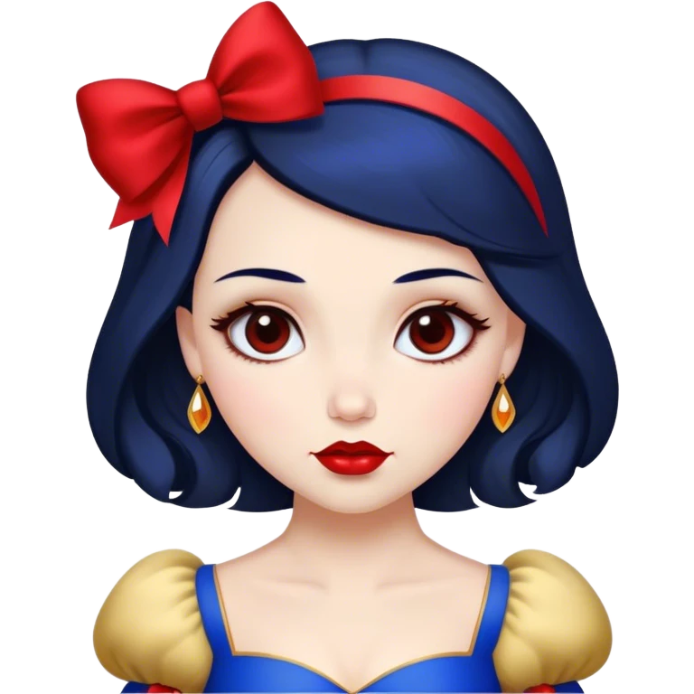 Cinematic Stunning Snow White Portrait Emoji, Fair skin glowing like porcelain, ruby-red lips, deep brown eyes full of kindness, raven hair framed by her iconic red bow, wearing her royal blue and gold gown, exuding timeless beauty and grace! emoji