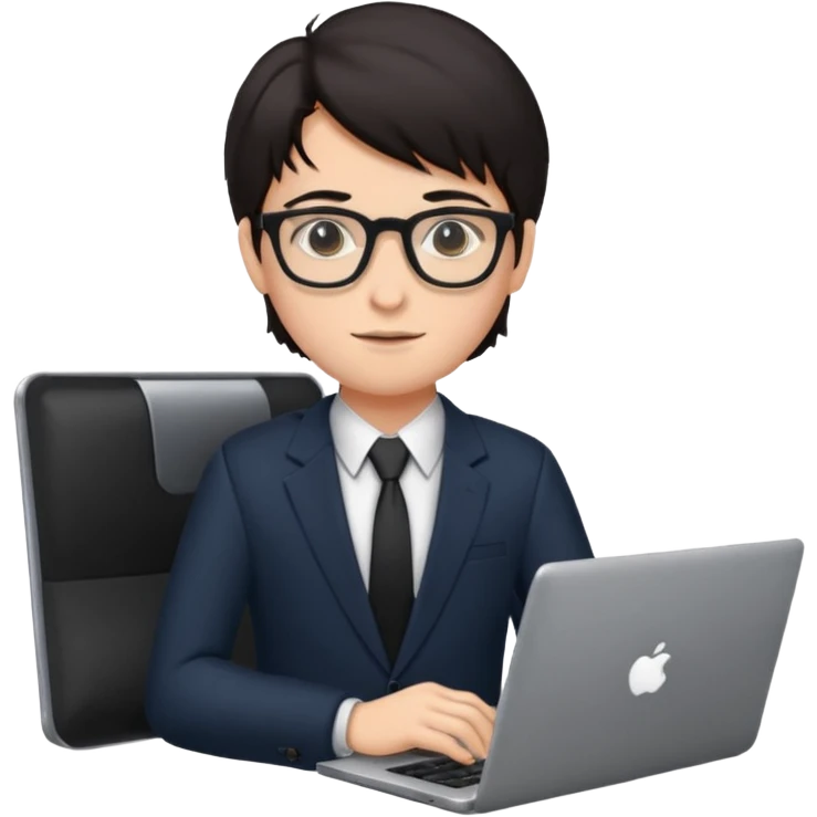 un estudiante con lentes y su laptop CON TERNO Y CABELLO NEGRO emoji