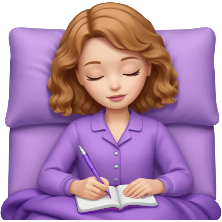 White Barbie girl Chestnut bob wavy hair sleeping with In lavender clothes, he writes in a notebook emoji