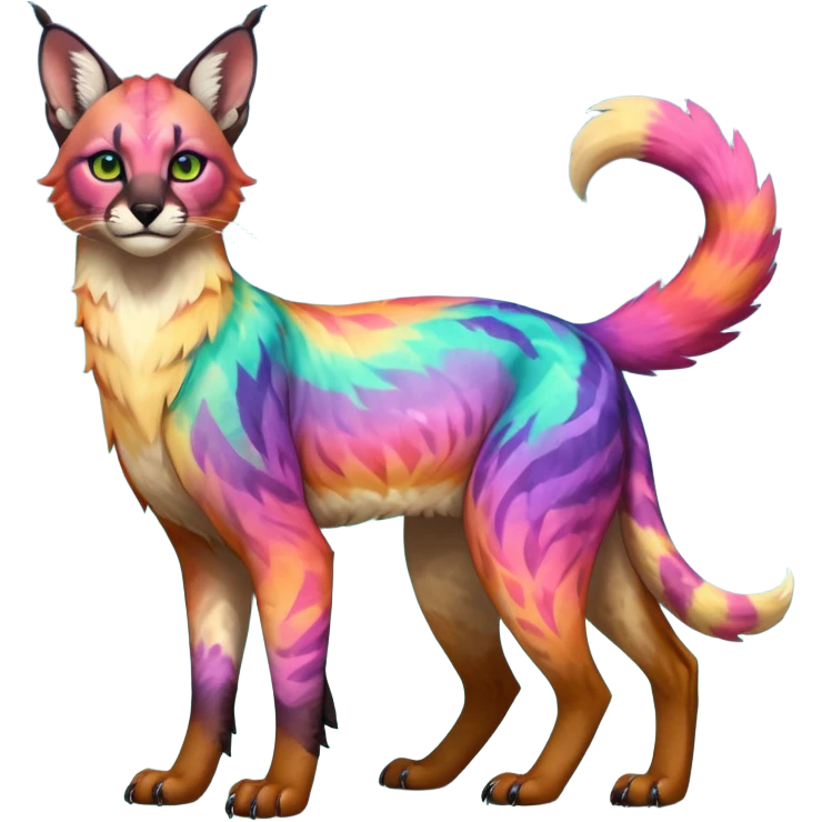Realistic Colorful pale nebula gradients-colored randomly-colored fruity glorious exotic neon vibrant zigzagged fantasy-caracal-civet-genet-sergal-vernid-Gryphon-Cacomistle-Trico-oncilla-animal-Fakémon-hybrid-fursona (full body), facial markings, (realism style) emoji