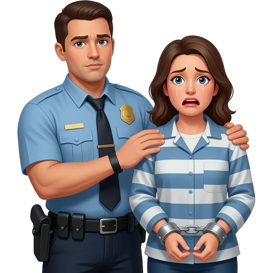 Kelepçeli korkan kadın ve arkasında ona dokunan bir asker emoji