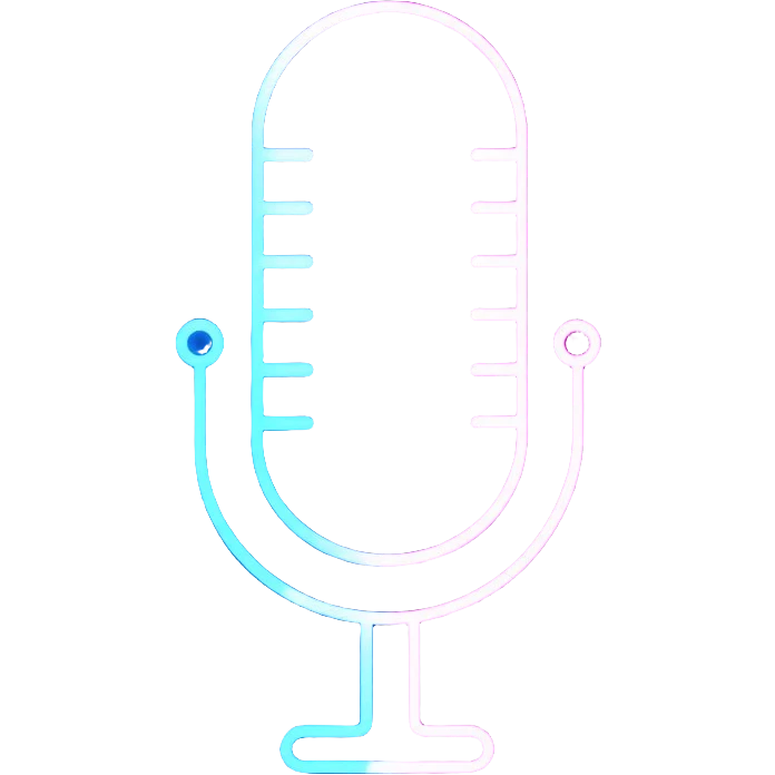 desktop studio microphone in profile view with neon glow effect, blue and purple neon glow on top left, pink neon glow on bottom right emoji