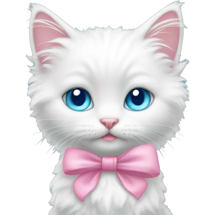 White fluffy kitten wearing two pink bows with blue eyes emoji