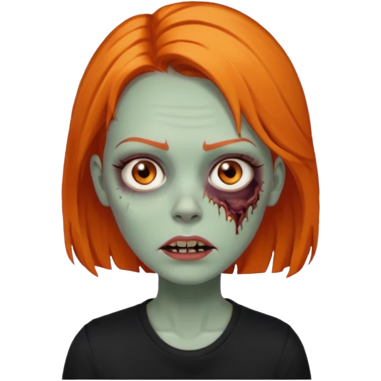 Faça uma zumbi feminina com cabelos médios e laranja, deve estar vestindo uma camisa preta e ter seus olhos castanhos escuro, não esqueça de colocar a sombrancelha da cor do cabelo  emoji