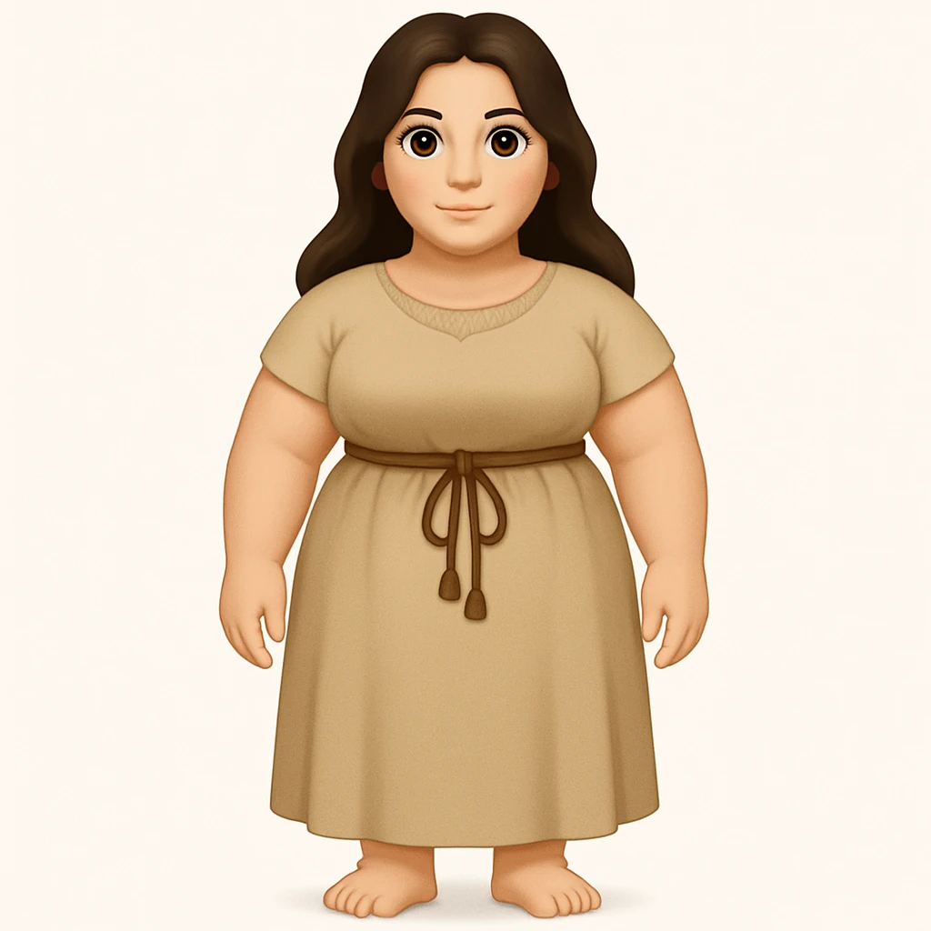 Fullbody Mary Magdalene, voluptuous and strong, very pretty detailed face, plain light tan biblical dress, no hood, dark hair, arms lowered to a normal pose with hands by hips, in emoji style. emoji
