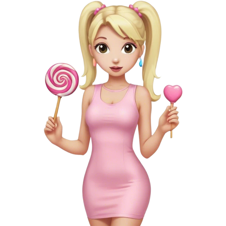 Beautiful woman with long blonde ponytails wearing light pink bodycon dress holding a lollipop emoji