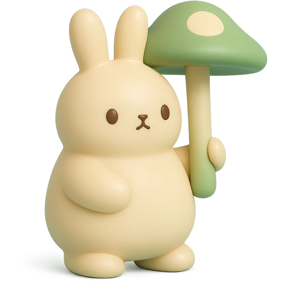 chubby bunny holding a mushroom umbrella, pastel beige and moss green, vinyl figure style emoji
