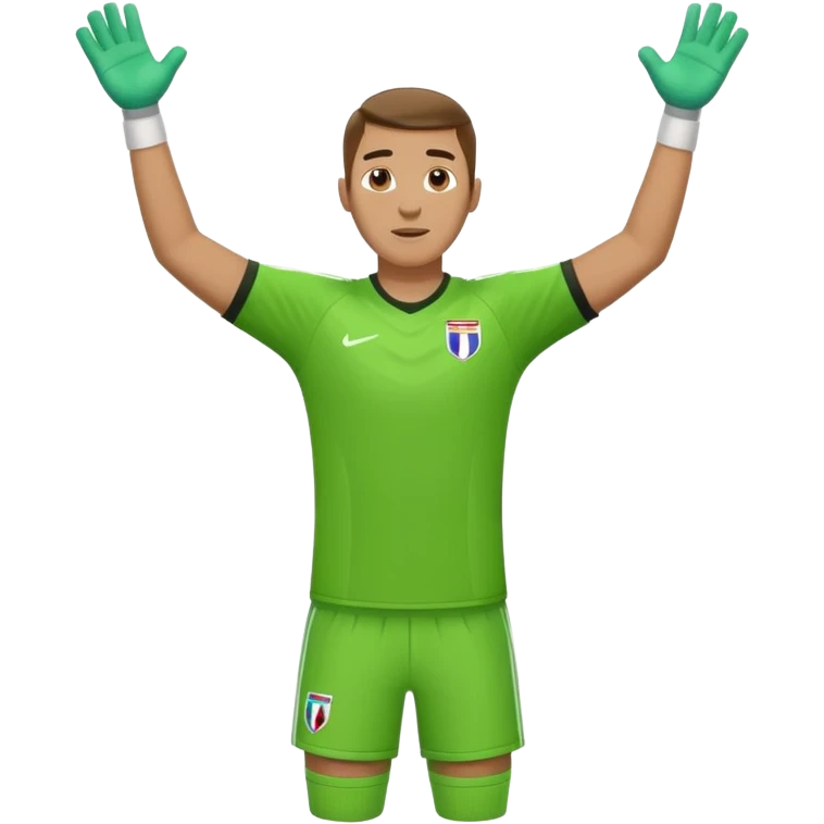 soccer goalkeeper green shirt, shorts, socks, football boots arms up emoji