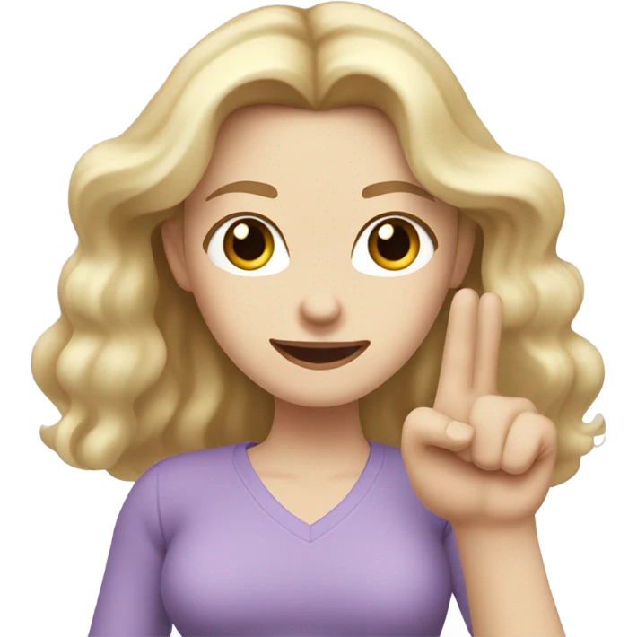 Woman, white skin, pale skin, long hair, blonde hair, wavy hair, lavender top, finger guns emoji
