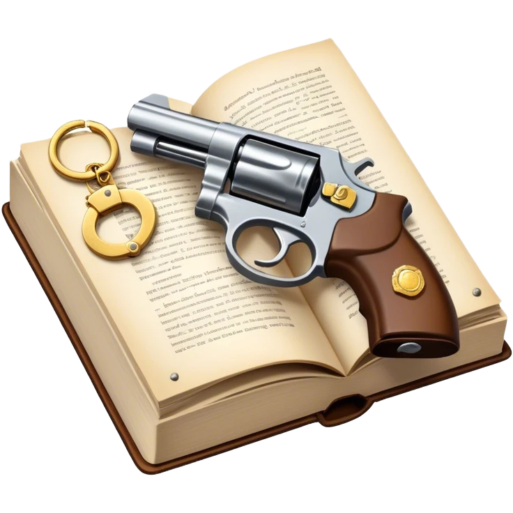 Icon for Action & Crime Reading: an open book with action-packed scenes, featuring a gun, handcuffs, a detective's badge. The icon should capture the tension and excitement of crime and action stories. Transparent background. emoji