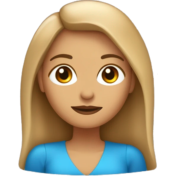 mujer de cabello castaño claro con luces, piel blana,ojos cafés,pomulos, barbilla partida,labios gruesos, vistiendo de traje azul tabajando con laptop Mac de apple  emoji