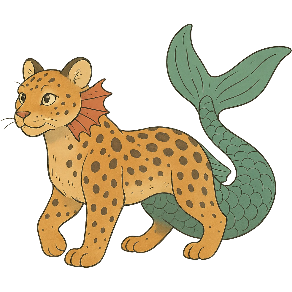 ghibli style leopard with gills and a fish tail emoji