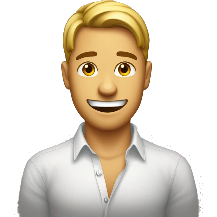 L'emoji montre un beau jeune homme portant une chemise avec une banane souriante dessus et fermant les yeux avec des joues rouges, suggérant un léger sentiment de défi ou d'espièglerie. emoji