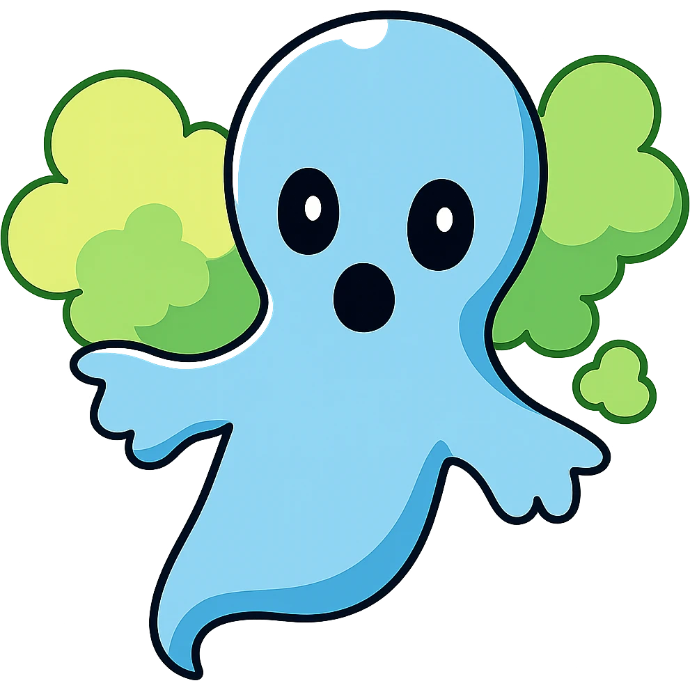 Add visible blue and green fart gas clouds behind the blue and white ghost boy. Keep no background as requested. emoji