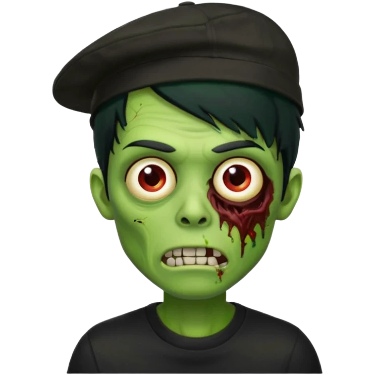 Green zombie, black hair, designer cap turned to the left, black shirt. Apple iOS style. emoji