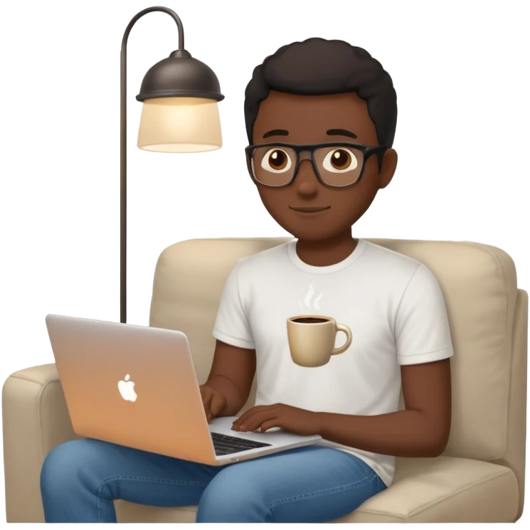Père noël développeur de teint noir, assis dans un coin cosy de son salon un week-end, ordinateur portable ouvert affichant du code. Lumière naturelle douce, ambiance calme. Habillé simplement (t-shirt clair, jean ou short), tasse de café/thé à côté. emoji