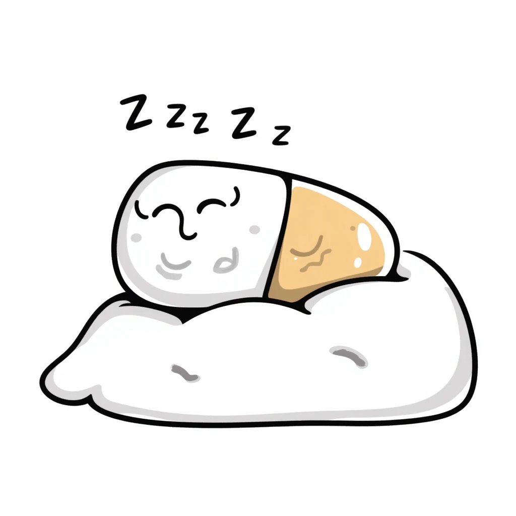 Cute sleeping pill with closed eyes and zzz sleep symbols, colorful sedative medicine capsule on a pillow, hand drawn sleep aid icon with gentle relaxing colors, sleep medicine concept emoji
