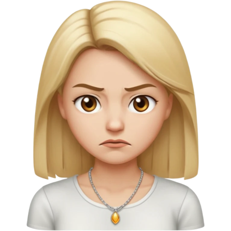 Cartoon emoji of a girl with long, straight blonde hair, fair skin, soft brown eyes. Wearing a white top with a delicate necklace, angry facial expression, furrowed brows, slightly pursed lips. Smooth, simple, stylized. emoji