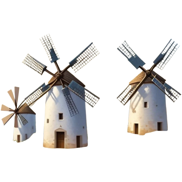 ​Cinematic Realistic Spanish Windmills (Mota del Cuervo), depicted as a cluster of gracefully aged windmills with weathered whitewashed facades and rustic wooden sails, standing proudly on a sunlit, rolling hillside of golden fields and olive groves, rendered with intricate textures and soft natural lighting that captures the timeless rural charm and historical significance of the Spanish landscape, emoji