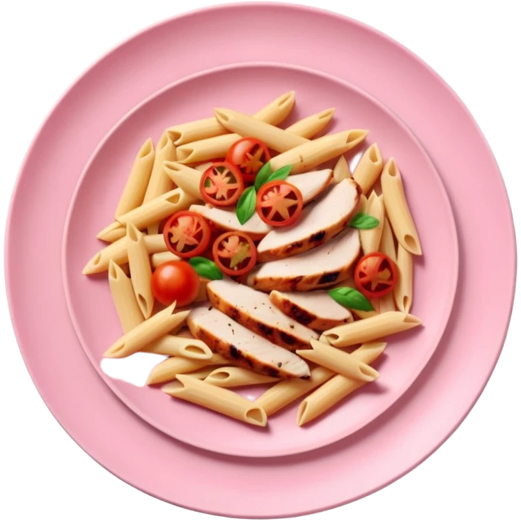 penne with cherry tomatoes and grilled chicken on a pastel pink plate emoji
