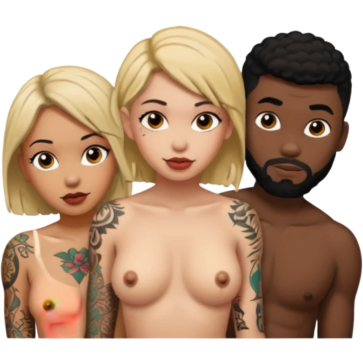 naked tattoed female, 2 black males emoji