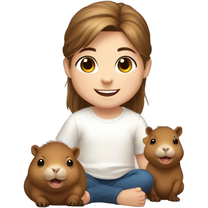 happy baby white child grinning with long brown hair kind of messy hair, smiling next to capybara emoji