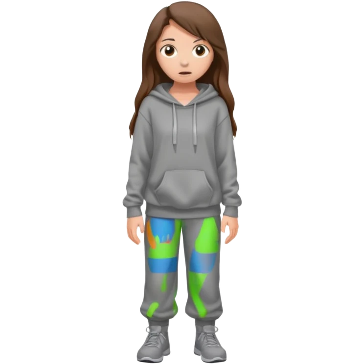 Chica grande  asustada de cuerpo completo mirado a la izquierda con pelo castaño largo  pantalones baggy  grises y hoodie gris  emoji