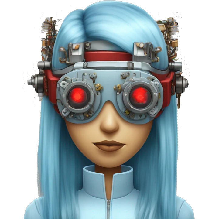 Light blue long hair female cyborg head with red steampunk goggles and circuits emoji