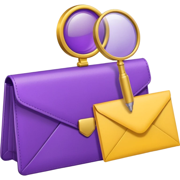 yellow (hex#FFD008) and purple (hex#8C52FF) emojis of a pin, a working case, a folder, a magnifier, an email, an envelope emoji