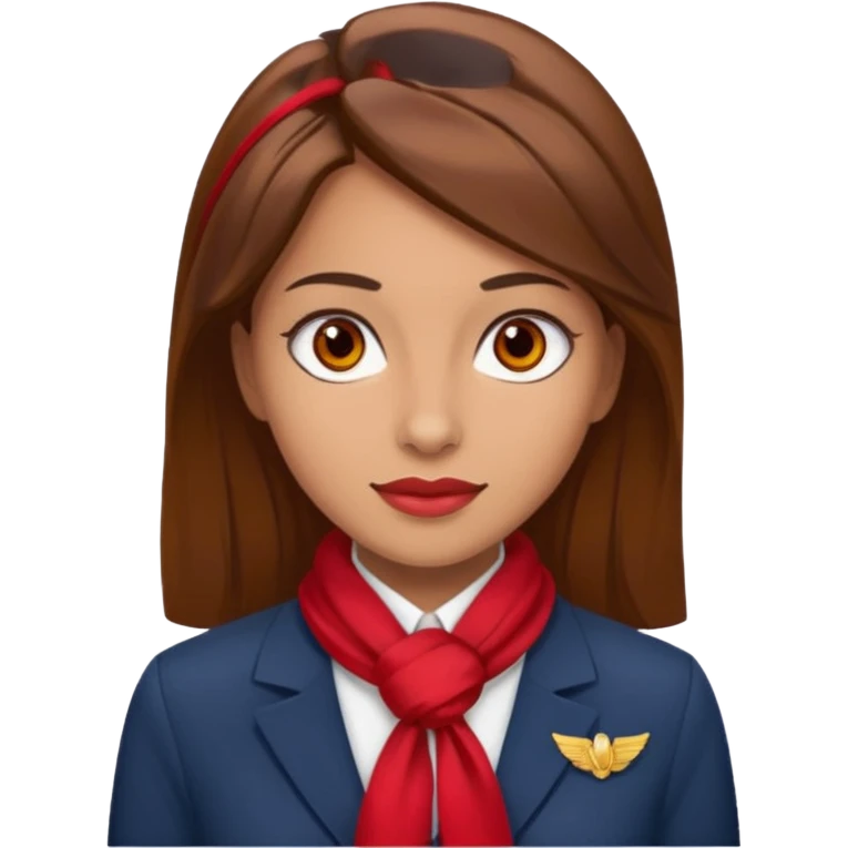 Female flight attendant, with red scarf, white shirt, brown hair, brown eyes, iOS emoji-type face emoji