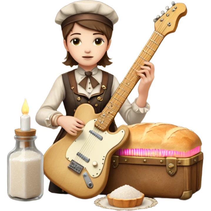 cinematic ultra HD steampunk victorian - a bottle of salt (salt shaker) and a loaf of peasant bread with a small electric telecaster guitar - still life composition emoji