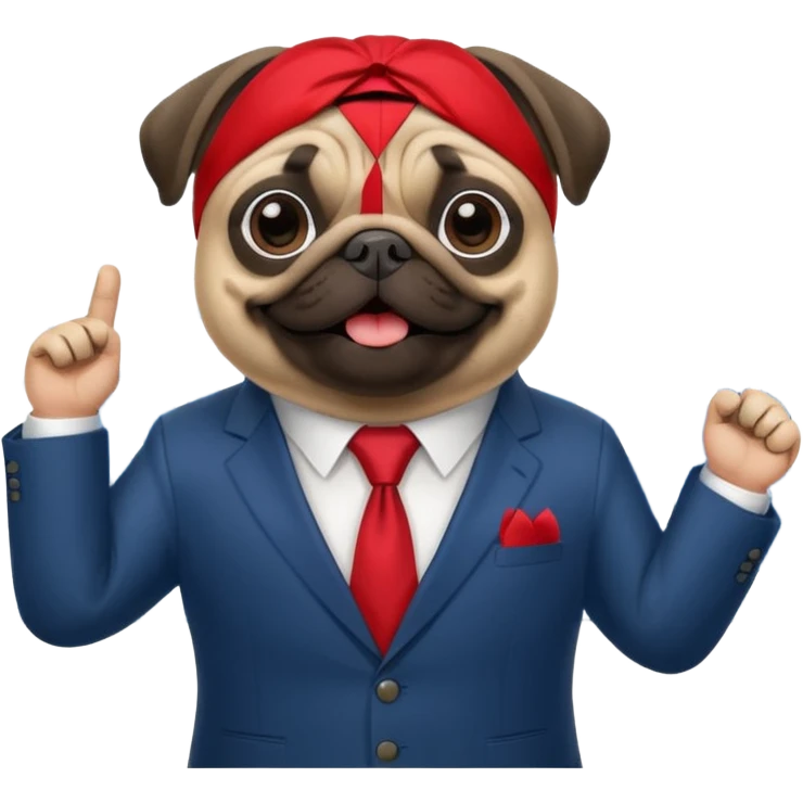 A pug in a suit in front of a stock chart with a rising trend emoji