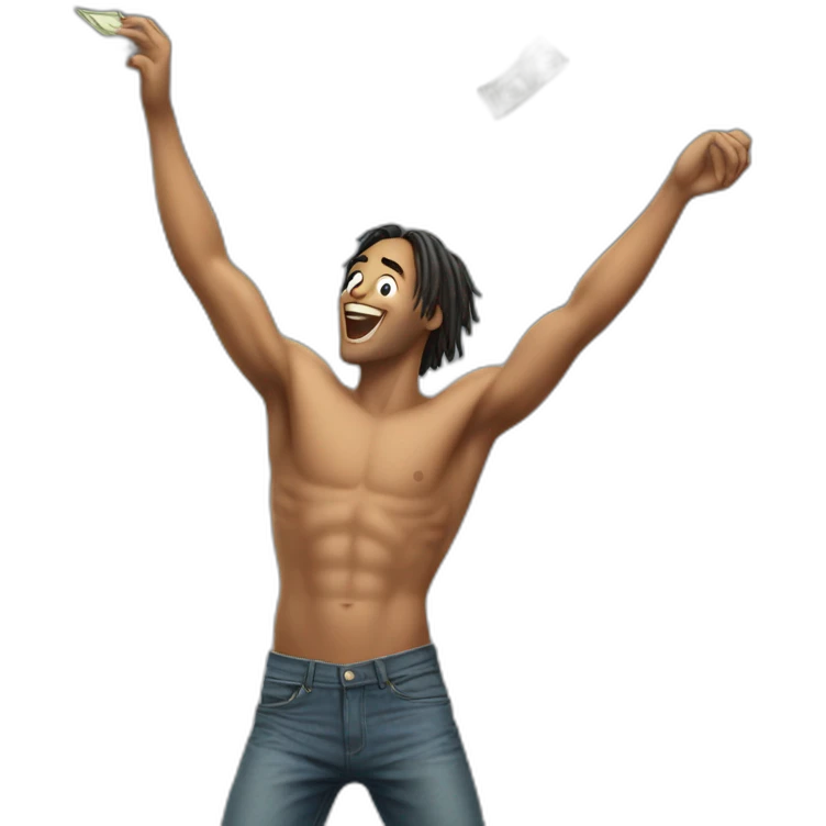 Shirtless guy dancing under raining money  emoji
