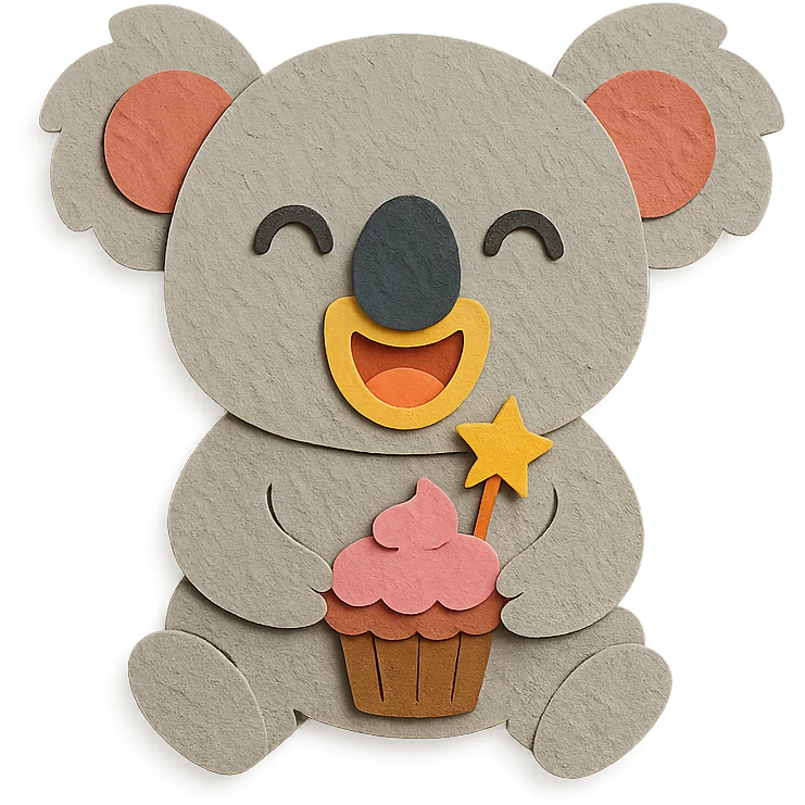 full-body laughing koala holding cupcake with star candle, paper-craft style emoji