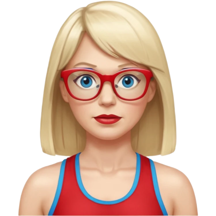 45 yr old white woman, pale skin, long straight blond hair parted in center, blue eyes, bangs, clothes for gym, big red glasses emoji