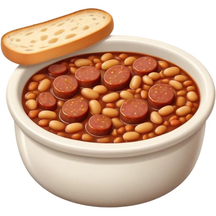 Baked beans with sausage and bread in a bowl emoji