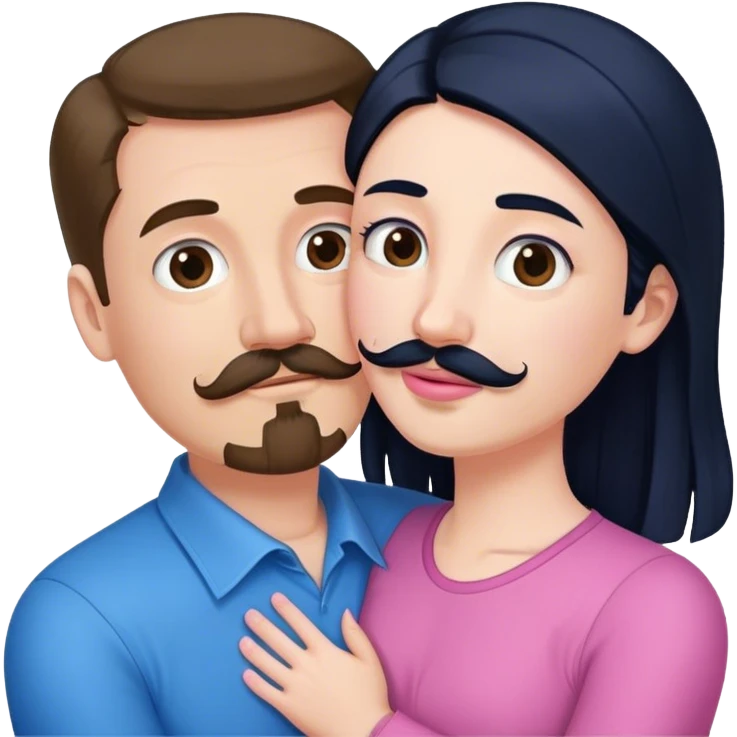 Tall white man with brown mustache goatee wearing blue hugged by a short pale woman with long black hair wearing pink emoji