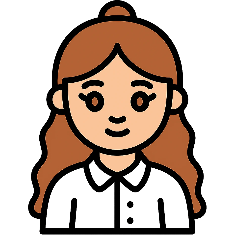 girl with a round face, long wavy brown hair in a half up half down style, brown eyes and long lashes, white button up polo, flat icon style emoji
