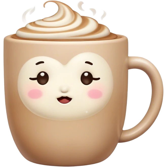 Cute Kawaii Coffee Cup, cozy and warm, a tiny swirl of steam shaped like a heart, round chubby face with a sleepy but content expression, soft pastel brown and cream colors, perfect morning vibes! emoji