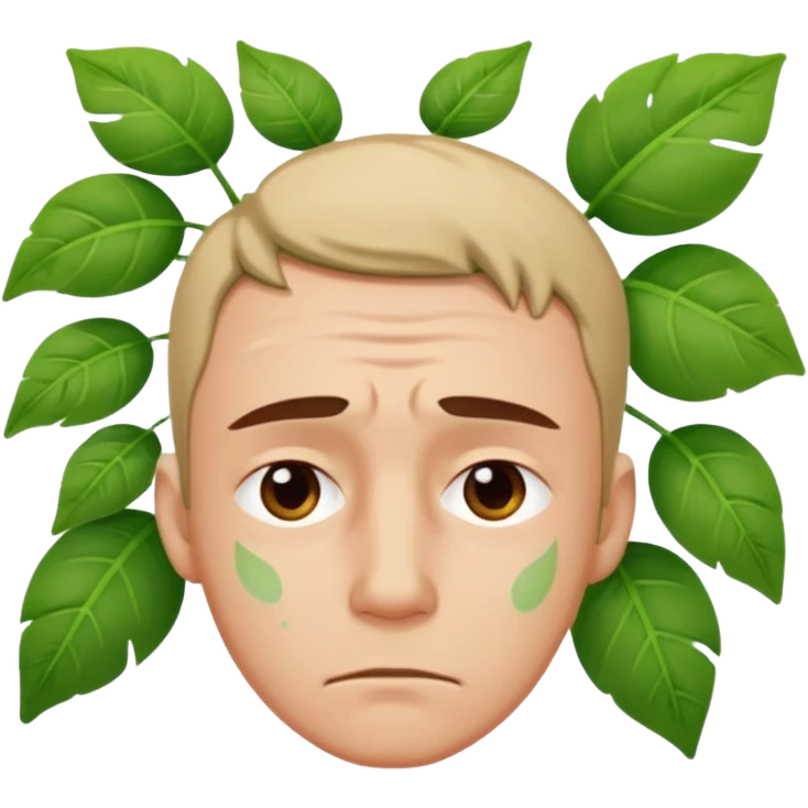 tired sad man with sweat on forehead, plant behind emoji