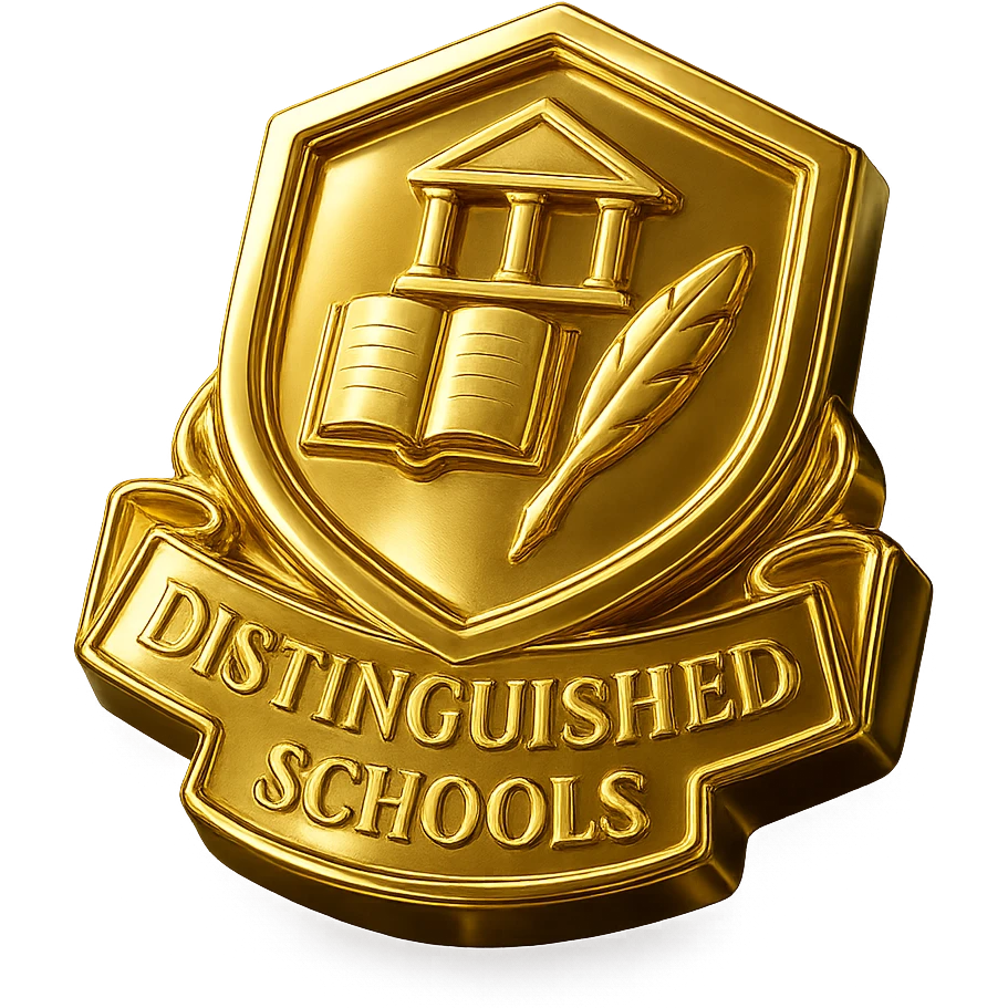Create a prestigious gold label for distinguished schools with elegant details, refined and luxurious gold style, on a transparent background. emoji