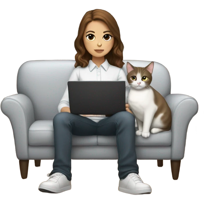 Light skinned girl with brown hair sitting on the couch laptop on her lap next to small gray and white tuxedo cat emoji