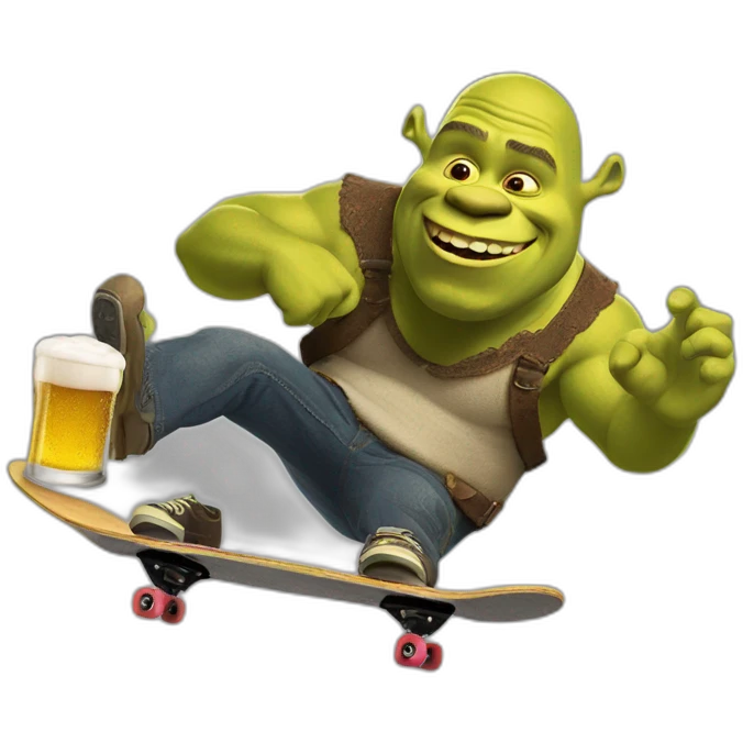 shrek skateboarding with a beer emoji