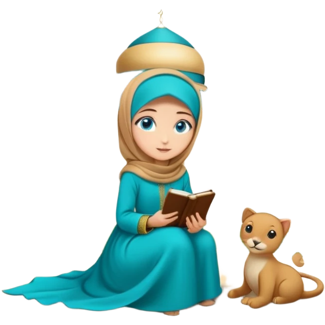 Turkish beautiful finish Konya girl blue eyes with gold hijab and islamic long tailed turquoise dress on the ground at garden and had on her hand text Eid Mubarak  emoji