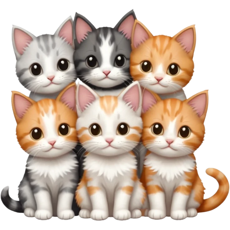 6 tiny kittens cuddling together all different colours, the first one is grey and white, the second is ginger and white and the third is brown tabby and white emoji