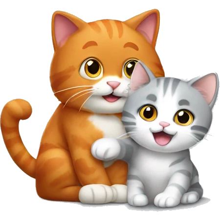 A big red cat playing with a small white-gray kitty emoji