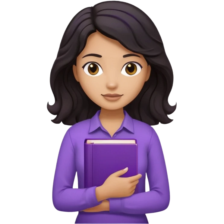Long Hair Women, with Black dark wavy hair, with purple Book, beige shir, without background emoji