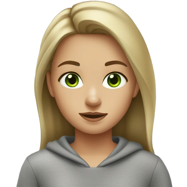 a girl with dirty blonde/brown hair and blonde highlights she is wearing a grey sweatshirt and has green eyes emoji