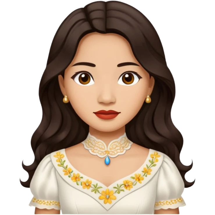 Filipino woman with long dark wavy hair parted in the middle wearing a traditional filipiniana emoji